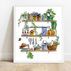 Gardner&#39;s Shelves Watercolor Painting, Garden illustration Artwork, Nature Wall Decor