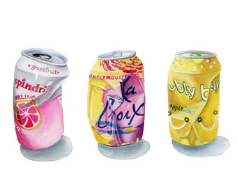 Lattine di acqua frizzante, pittura ad acquerello, illustrazione di cibo, decorazione da parete per bar
