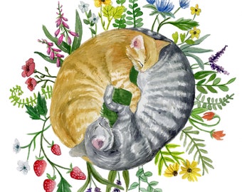 Sleeping Cats in Flowers Watercolor Painting, Cat illustration Artwork