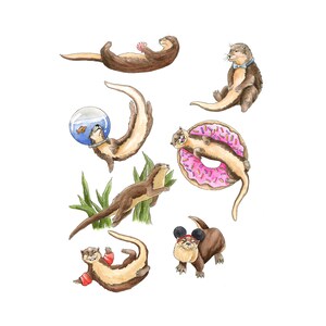 Playful Otters Watercolor Print, Otter Wall Art, Woodland Animal Art