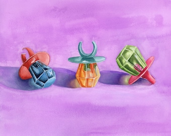 May include: Three colorful plastic ring pops on a purple background. The ring pops are shaped like a diamond, a crescent moon, and a heart. The diamond ring pop is green, the crescent moon ring pop is blue and green, and the heart ring pop is red and blue.