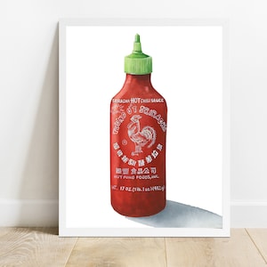 Sriracha Hot Sauce Watercolor Painting, Food Art Illustration