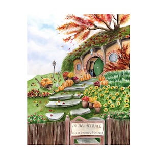 Bag End in the Fall Print, Autumn Asthetic Watercolor Painting, Fantasy Art, Multiple Sizes Available