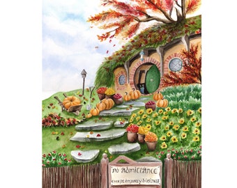 Bag End in the Fall Print, Autumn Asthetic Watercolor Painting, Fantasy Art, Multiple Sizes Available