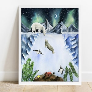Polar Bear Watercolor Print, Galaxy Illustration, Arctic Nursery Decor, Multiple Sizes image 1