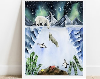 Akvarelltryck med isbjörn, galaxillustration, arktisk barnrumsdekor, flera storlekar