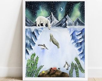 Polar Bear Watercolor Print, Galaxy Illustration, Arctic Nursery Decor, Multiple Sizes