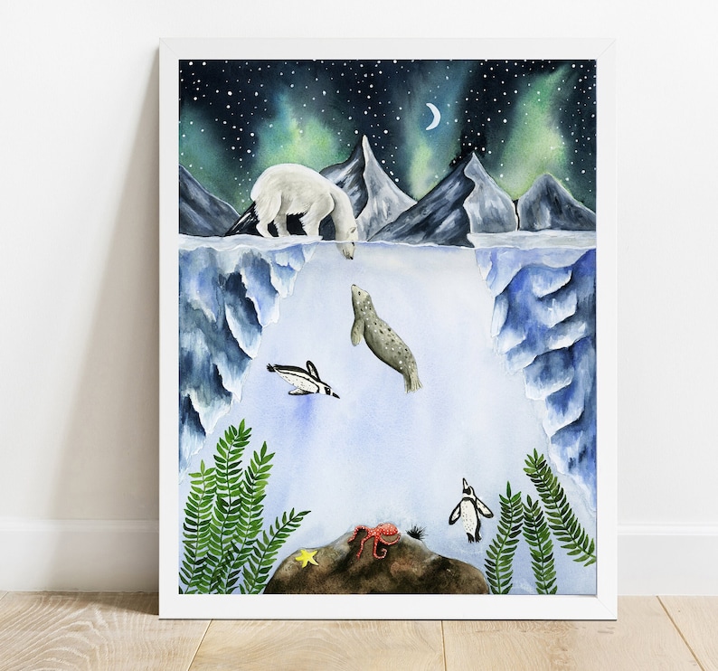 Polar Bear Watercolor Print, Galaxy Illustration, Arctic Nursery Decor, Multiple Sizes image 1