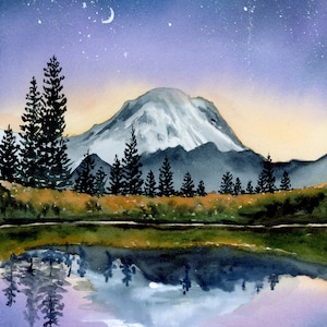 Mt Rainier Landscape Print, Mountain and Lake Watercolor Painting