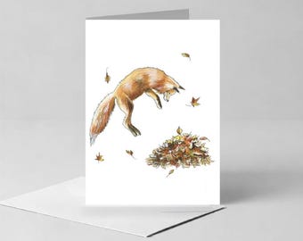 Carte de voeux illustration Renard bondissant, feuilles d'automne