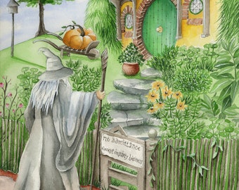 Bag End Print, Watercolor Painting, Fantasy Art, Wizard Illustration