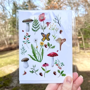 Cartão de felicitações com ilustração de forrageamento, ilustração de cogumelo, cartão em branco e papelaria