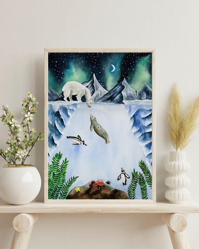 Polar Bear Watercolor Print, Galaxy Illustration, Arctic Nursery Decor, Multiple Sizes image 6