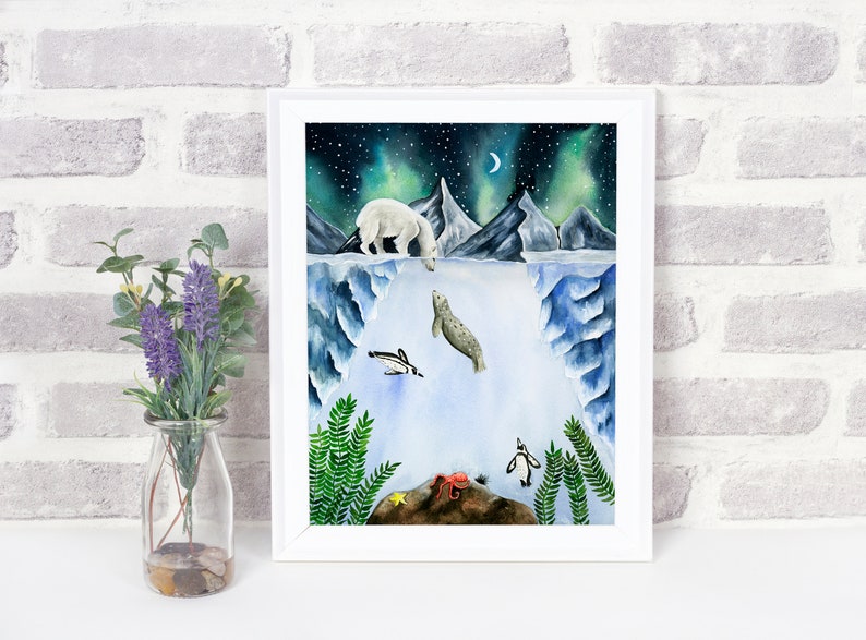 Polar Bear Watercolor Print, Galaxy Illustration, Arctic Nursery Decor, Multiple Sizes image 3