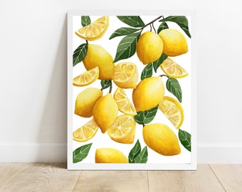 Lemon Watercolor Illustration, Kitchen Wall Art, Sicilian lemons