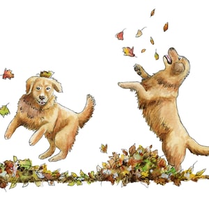 Pode incluir: Dois golden retrievers brincando em um monte de folhas de outono. Um cão pula para pegar uma folha enquanto o outro cão corre pelas folhas.