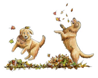 May include: Two golden retrievers playing in a pile of autumn leaves. One dog is jumping up to catch a leaf while the other dog is running through the leaves.