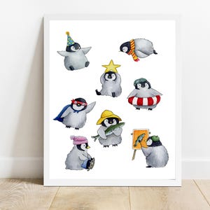 Penguin Watercolor Print, Penguin Illustration, Kids Room Decor, Multiple Sizes