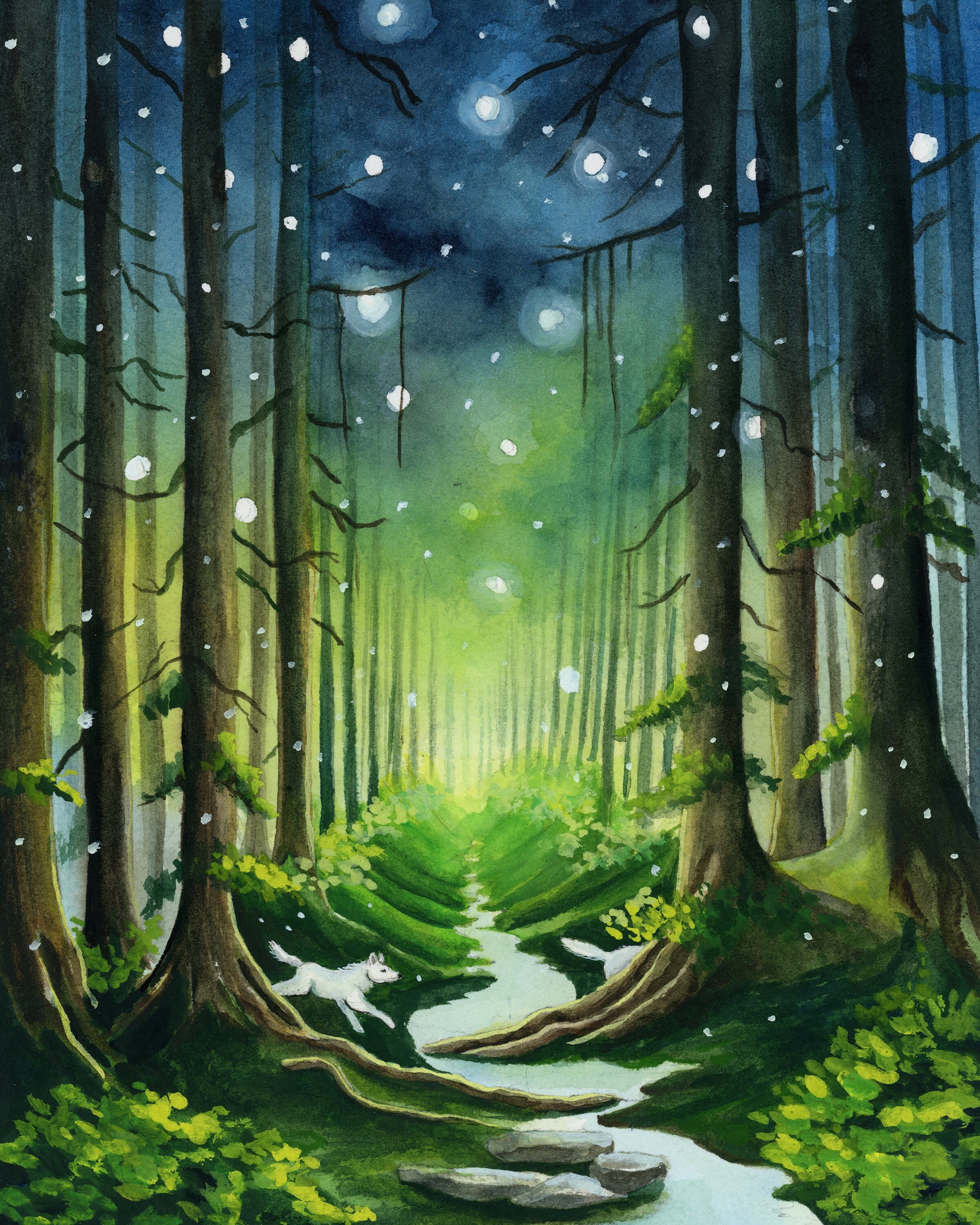 Enchanted Forest and Running Wolves Watercolor Painting, Whimsical Woodland Watercolor Illustration
