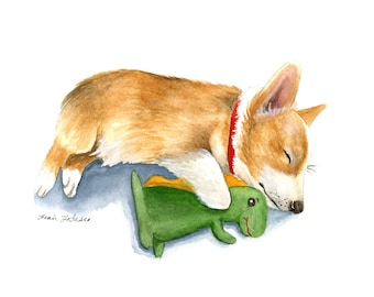Corgi Puppy Sleeping with Toy - Print Watercolor Artwork, Cute Dog Illustration, Kids Room Wall Decor