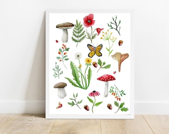 Mushroom and Other Foraging Plants Illustration Print, Watercolor Painting, Flower Wall Art, Botanical Art Wall Decor