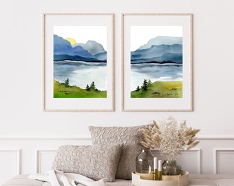 Mountain Landscape Wall Art, Watercolor Mountain Prints, Nature Wall Art, Mountain Poster,  2 Piece Wall Art