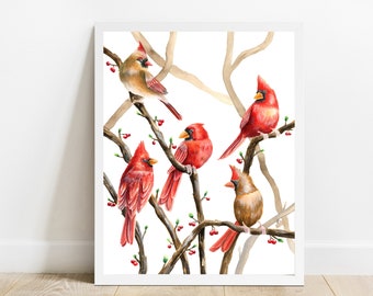 Cardinals Perched on Branches with Red Berries Print, Watercolor Giclee Print Bird Illustration, Nature Wall Art, Multiple Sizes