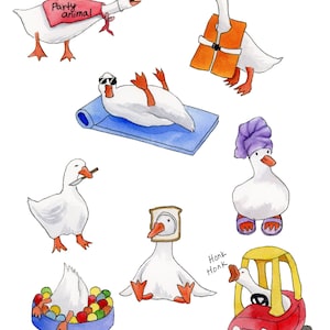 Silly Geese Watercolor Print, Goose Illustration, Kids Room Decor, Multiple Sizes