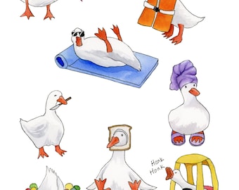 Silly Geese Watercolor Print, Goose Illustration, Kids Room Decor, Multiple Sizes