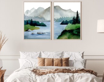 Mountain and Lake Landscape Wall Art, Watercolor Mountain Prints, Nature Wall Art, Mountain Poster,  2 Piece Wall Art