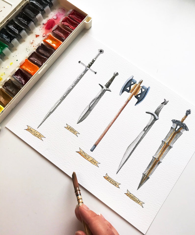 May include: Watercolor painting of five fantasy swords and an axe, each with a unique design and name. The artwork includes a palette of watercolor paints and a paintbrush, suggesting the tools used to create the illustrations.