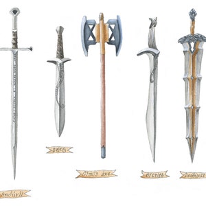 May include: Watercolor illustration of five fantasy weapons: And&uacute;ril, Sting, Gimli's axe, Orcrist, and Deathless. The swords and axe are silver, brown, and gold, with detailed designs. Each weapon has a name tag below it.