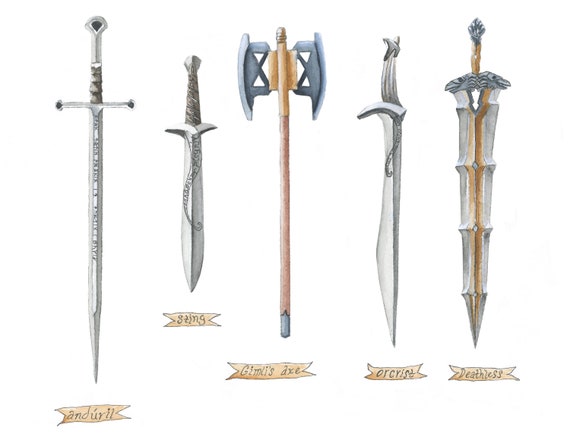 Sting Sword Print, Anduril Sword, Gimli's Axe, and other Weaponry, Fantasy Art, Print Artwork