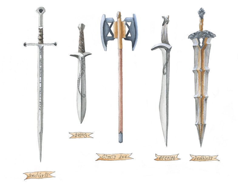 May include: Watercolor illustration of five fantasy weapons: And&uacute;ril, Sting, Gimli's axe, Orcrist, and Deathless. The swords and axe are silver, brown, and gold, with detailed designs. Each weapon has a name tag below it.