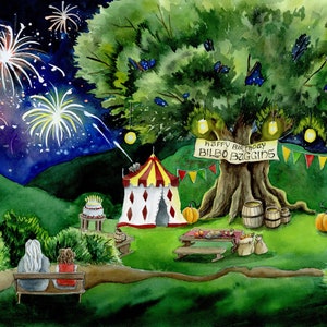 Bag End Party Tree Print, Watercolor Painting, Fantasy Artwork,