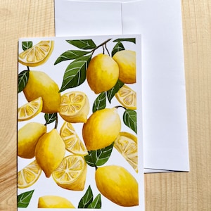Tarjeta de felicitación con limones, ilustración de comida, tarjeta en blanco y papelería