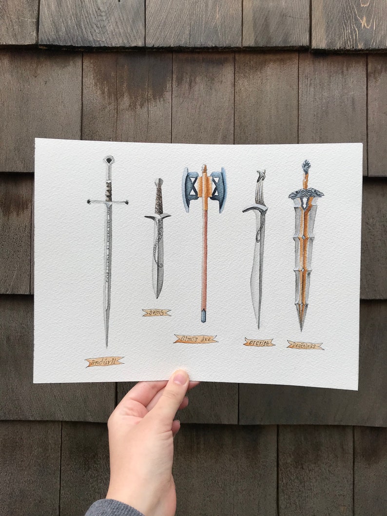 May include: Watercolor painting of five fantasy weapons: a sword, a dagger, a double-bladed axe, a curved sword, and a broadsword. Each weapon is detailed with silver and gold accents. The names of the weapons are written below them.