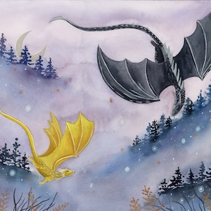 Dragon Art Watercolor Painting, Whimsical Fantasy Illustration, Bookish Illustration