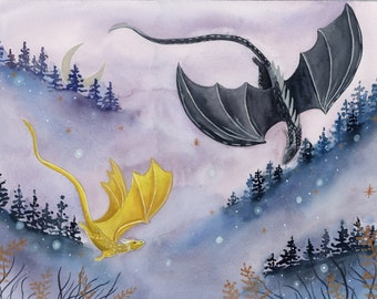 Dragon Art Watercolor Painting, Whimsical Fantasy Illustration, Bookish Illustration