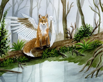 Cosmic Fox Original Watercolor Painting, Whimsical Woodland Watercolor Illustration