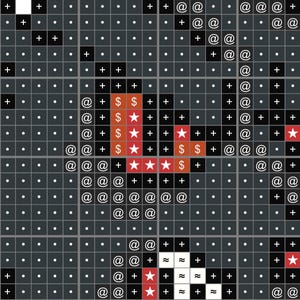 May include: Abstract digital art with a grid pattern. The design incorporates various symbols, including plus signs, dollar signs, stars, and at symbols, in a mix of black, white, and red on a gray background.