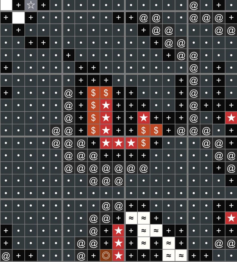 May include: Abstract digital art with a grid pattern. The design incorporates various symbols, including plus signs, dollar signs, stars, and at symbols, in a mix of black, white, and red on a gray background.