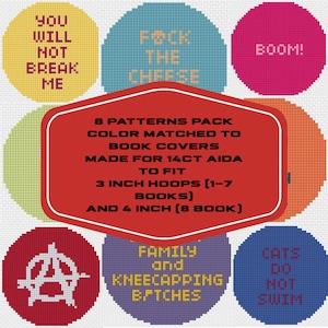 May include: A collection of eight circular cross-stitch patterns featuring various text and symbols in yellow, blue, pink, green, orange, red, and purple. A central red hexagonal label displays text regarding 14ct Aida, 3-inch, and 4-inch hoops.