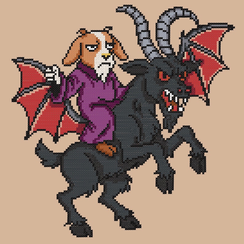 May include: Cross-stitch design of a dog-like creature riding a black goat with red bat wings. The dog wears a purple robe and has a grumpy expression. The goat has large horns and red eyes, set against a tan background.