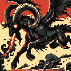 May include: A pixel art illustration of a black demonic creature with large horns and wings, set against a red and beige background. The creature has glowing red eyes and flames coming from its mouth. The artwork has a retro video game aesthetic.