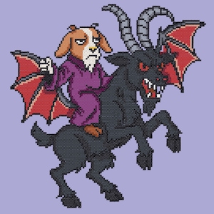 May include: A cross-stitch design featuring a dog-like figure in a purple robe riding a black goat with red bat wings. The goat has large horns and red eyes. The background is a light purple color.