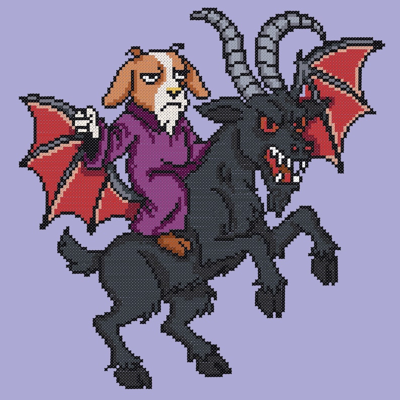 May include: A cross-stitch design featuring a dog-like figure in a purple robe riding a black goat with red bat wings. The goat has large horns and red eyes. The background is a light purple color.