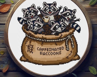 Caffeinated Raccoons Cross Stitch PATTERN | Funny LitRPG Inspired Nerdy Decor