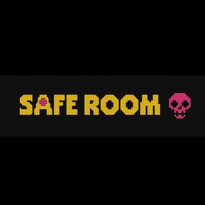 May include: A black background with the words "SAFE ROOM" in yellow, pixelated letters. A pink cross is in the center of the word "SAFE". A pink skull is on the right side of the text.