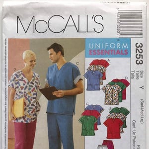 McCall&#39;s 3253 Misses&#39; & Men&#39;s classic scrubs pattern, tops and pull on pants, uniform essentials easy sewing pattern sizes S-M-L UNCUT
